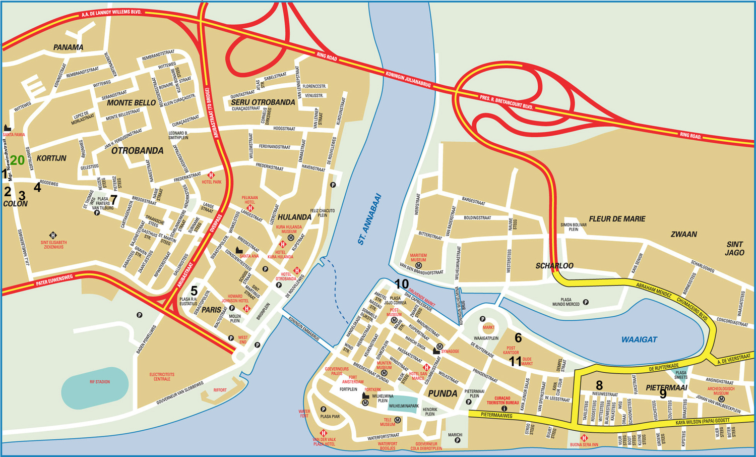 Map+of+Central+Willemstad+Curacao+w+Otrobanda+Punda+Scharloo+and+Pietermaai